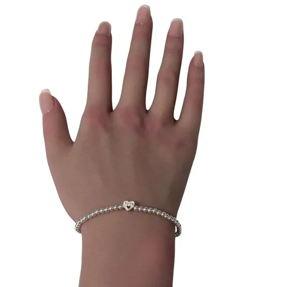 925 Sterling Silver Beaded Stretch Stacking Bracelet - Picture 4 of 7